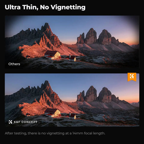 Comparison of landscape with 67mm MCUV Lens Protection Filter For Cameras showing no vignetting at 14mm focal length.