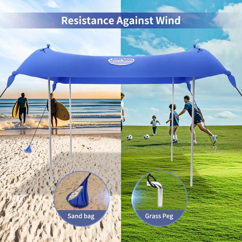 Family Friendly Beach Tent Canopy Sun Shade 10x10 Ft Portable Wind Resistant Shelter set up on sand and grass with poles and sandbags.