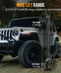 Jeep next to 3 Ton Farm Jack 60 Inch Heavy Duty Ratcheting Off Road Utility Jack With 6600 Lb Capacity Built For Tractors Trucks SUVs Cars And Off Road Recovery Black Workhorse Tool showing lift range.