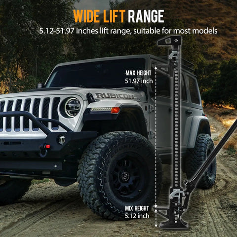 Jeep next to 3 Ton Farm Jack 60 Inch Heavy Duty Ratcheting Off Road Utility Jack With 6600 Lb Capacity Built For Tractors Trucks SUVs Cars And Off Road Recovery Black Workhorse Tool showing lift range.
