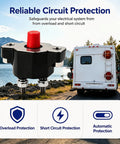 Heavy Duty 50 Amp Push Button Circuit Breaker Direct Drop In Replacement For Volvo Penta Mercruiser And Sierra Marine Systems, black unit, landscape backdrop.
