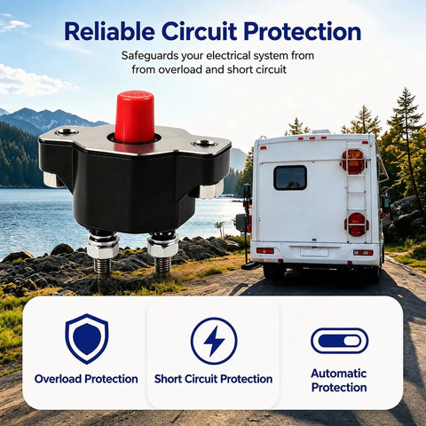 Heavy Duty 50 Amp Push Button Circuit Breaker Direct Drop In Replacement For Volvo Penta Mercruiser And Sierra Marine Systems, black unit, landscape backdrop.