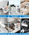 No Sweat Handheld Steam Cleaner For Home, Portable Steam Mop For Deep Cleaning With 15 Accessories in use on various surfaces.
