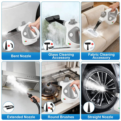 No Sweat Handheld Steam Cleaner For Home, Portable Steam Mop For Deep Cleaning With 15 Accessories in use on various surfaces.