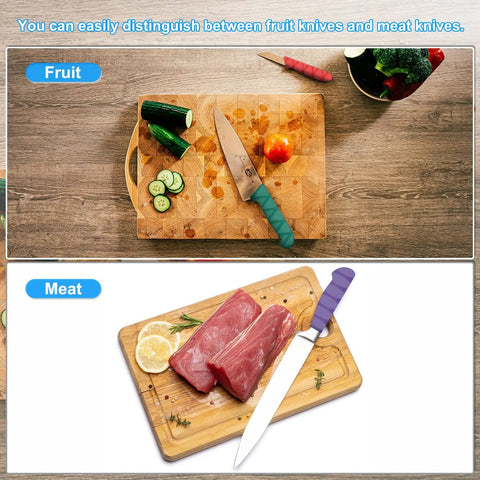 Hella Solid Non Slip Heat Shrink Sleeve For Cutting Knife Handles 4 Pack on chef knife, shown with fruit and meat.