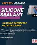 Front view of Rutland 500°F RTV silicone sealant packaging; black high-heat sealant, USA-made.