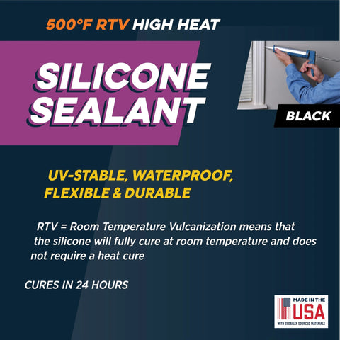 Front view of Rutland 500°F RTV silicone sealant packaging in black with Made in USA label