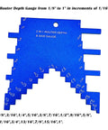 Blue anodized 2 In 1 Router Depth And Saw Gauge with laser engraved readouts for woodworking adjustments, front view.