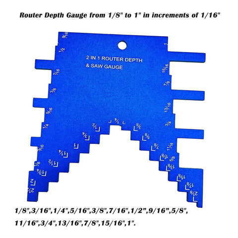 Blue anodized 2 In 1 Router Depth And Saw Gauge with laser engraved readouts for woodworking adjustments, front view.