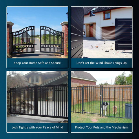 Outdoor images showing Heavy Duty Electric Gate Lock For Single Or Double Swing Gates, 24VDC Magnetic Gate Latch With Weatherproof IP44 Casing.
