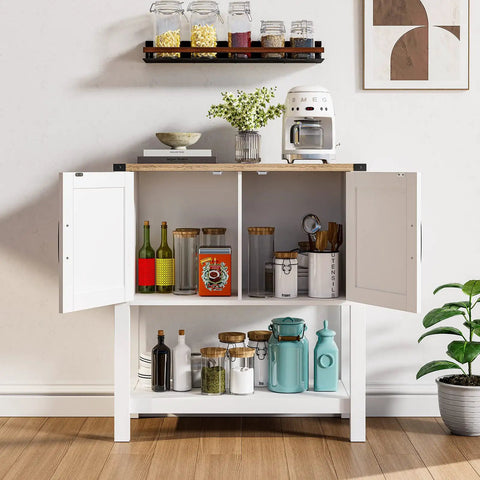Dope White Console Table With Hidden Storage Cabinets For Entryway And Foyer in use, farmhouse style with decor items.