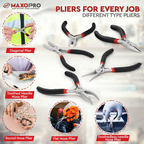Five Piece Needle Nose Pliers Set With Anti Slip Comfort Grips For Jewelry Making Includes Round Nose Toothless Needle Nose Flat Nose Diagonal And Toothed Needle Nose Pliers In Durable Pouch Made From Nickel Plated Carbon Steel displayed in fan arrangement with various use cases shown
