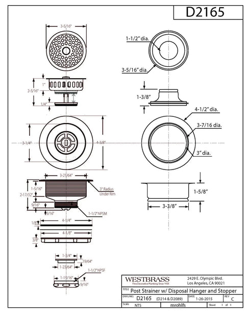 Post Style Kitchen Basket Strainer With Waste Disposal Flange And Stopper In Matte Black Pro Grade technical drawing D2165