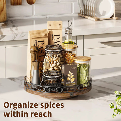 9 Inch Lazy Susan Turntable Organizer For Tabletop And Cabinet Round Rustic Wooden Tray for coffee table kitchen countertop with spices
