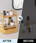 Two Tier Bathroom Countertop Organizer With Hidden Drawer Bamboo Vanity Storage in use showing improved organization in "After" side
