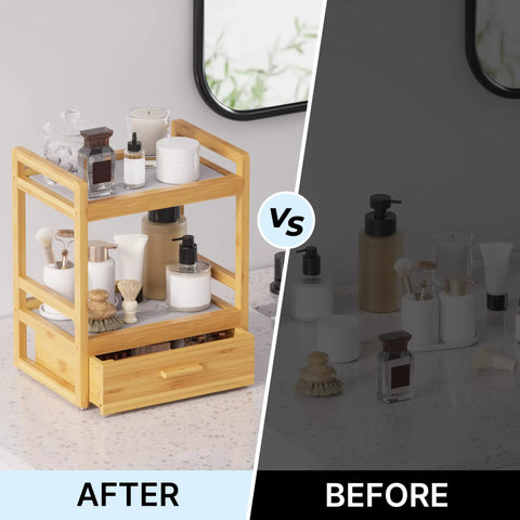 Two Tier Bathroom Countertop Organizer With Hidden Drawer Bamboo Vanity Storage in use showing improved organization in "After" side