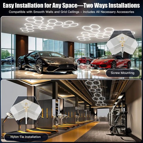 Hexagon LED Garage Lights 16 Pack 128W Ultra Bright 12800LM 6500K Ceiling Shop Light installed in garage and gym space
