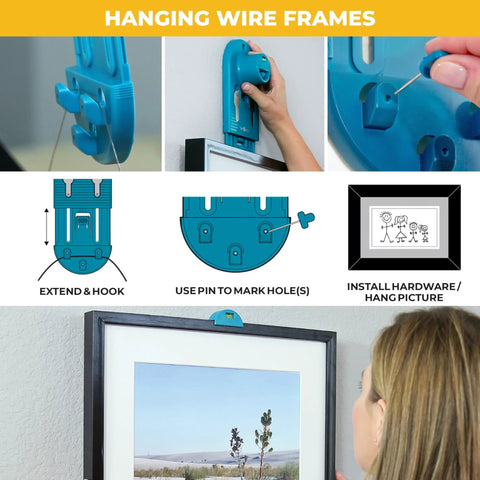 All In One Picture Hanging Kit With Level Tool And Sawtooth And Wire Hangers, Wall Mount Kit In Durable Hardware Case in use for precise picture hanging steps.