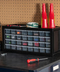 Heavy Duty 32 Drawer Tool Organizer And Hardware Storage Cabinet For Nuts Bolts And Small Parts With Slick Compact Footprint on workbench.