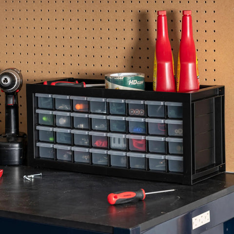 Heavy Duty 32 Drawer Tool Organizer And Hardware Storage Cabinet For Nuts Bolts And Small Parts With Slick Compact Footprint on workbench.