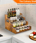 Four Tier Stadium Style Liquor Bottle Display Shelf 16 Inch Rustic Wood Rack For Bottles And Syrups on kitchen countertop