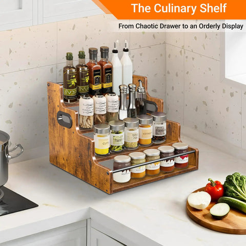 Four Tier Stadium Style Liquor Bottle Display Shelf 16 Inch Rustic Wood Rack For Bottles And Syrups on kitchen countertop