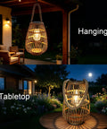 Outdoor Solar Rattan Lantern With Handle For Hanging Or Table Use in garden at night, showing cozy Edison bulb glow, Style 1