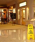 26 Inch Heavy Duty Yellow Caution Sign For Slip Hazards And Wet Floors Twin Sided High Visibility Standup Floor Sign in mall hallway.
