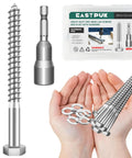Heavy Duty Lag Bolts For Wood Three Eighths Inch By Four Inches With Washers Stainless Steel 304 Grade Partial Thread Rust Resistant Built To Last Eight Pack Great For Decks Fences Outdoor Projects And Timber Construction, with included washers in hands next to packaging.