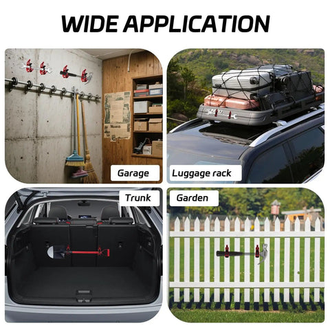 Shovel Mount For Roof Rack Kit With Quick Release Clamps And Durable Metal Rubber Mounts Heavy Duty Shovel And Axe Holder Brackets For Truck Car Boat Secure Gear On Rough Rides Easy Install Garage Storage Solution displayed in garage, luggage rack, trunk, and garden applications.