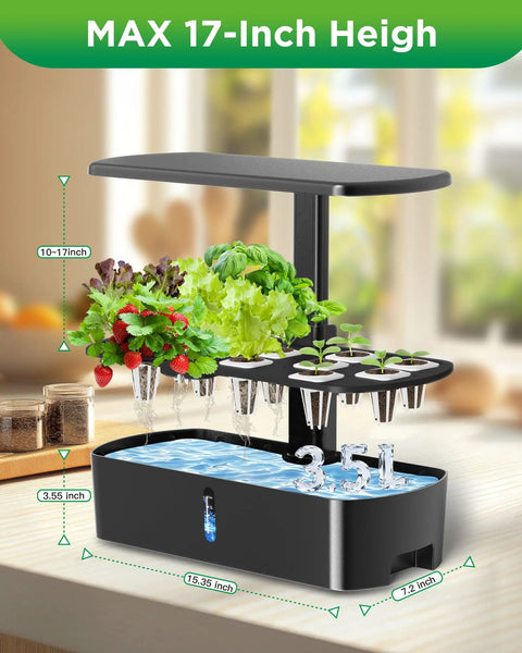 Smart Indoor Herb Garden Kit with 24W LED Grow Light, height adjustable tray showing 17-inch lamp rod and 12 pods on countertop