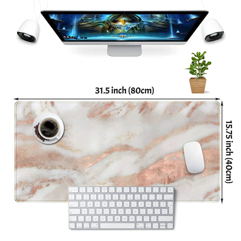 Top view of Rose Gold Marble Desk Pad For Mega Size 31.5 By 15.75 Inch Setup with keyboard and mouse, lycra surface