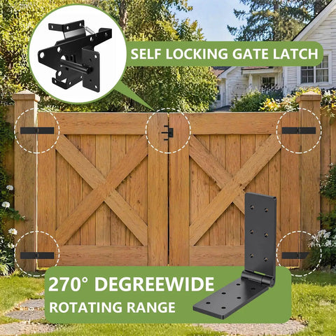 Heavy Duty Gate Hinge And Self Locking Latch Set For Wood Fence Two Pack Auto Lock Gravity Latch Keeps Gate Secure In Windy Weather No Manual Latching Required, wood gate install