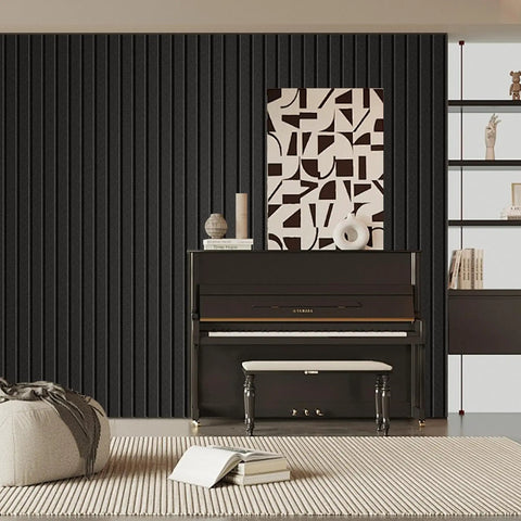 Living room with piano, black Beefy 5 Pack Self Adhesive Sound Proof Foam Panels For Walls, Large 47.2 By 23.6 Inches shown.