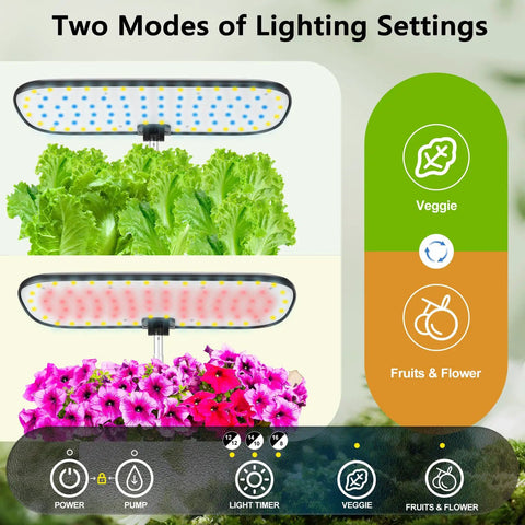 Dope Hydroponics Grow Kit With LED Grow Light for Indoor Herb Garden showing lighting modes for veggies and flowers