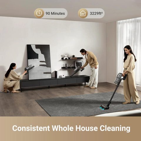 Game Changing Cordless Vacuum Cleaner With 850W Motor And 90 Minute Runtime Kicks Out Stubborn Pet Hair And Deep Grit For Effortless One Pass Cleaning Across Carpets And Smooth Hardwood Floors, used for whole house cleaning in a modern living room.