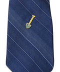 Straight Up Sweet Spring Gardening Enamel Lapel Pin Set For Suit Jacket And Necktie Three Piece Spade Shovel Hat Pin Kit With Secure Clutch Backs For Green Thumbs on a blue striped necktie.
