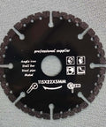 Close-up of a 115mm diamond cutting wheel labeled for angle iron, steel bar, pipe, and metal, on textured background.
