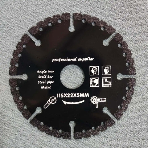 Close-up of a 115mm diamond cutting wheel labeled for angle iron, steel bar, pipe, and metal, on textured background.