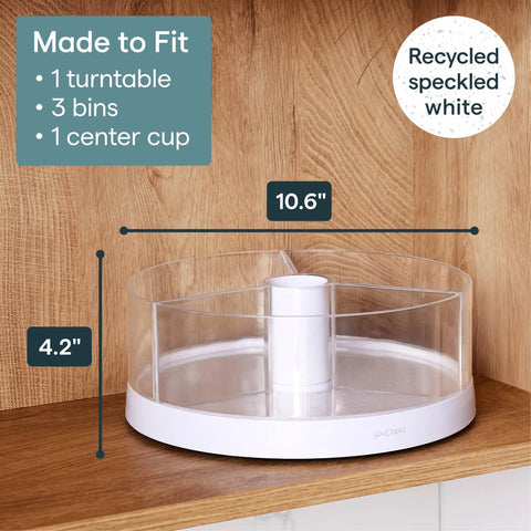 Smooth As Butter Three Bin Rotating Lazy Susan Turntable For Cabinet Organization With Clear Removable Containers, 10.6 inch size.