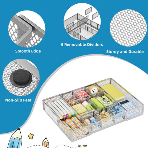 Expandable Desk Drawer Organizer Mesh Tray With 10 Adjustable Compartments for office supplies and makeup, shown extended with items.