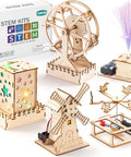 Five In One Wooden STEM Kits For Kids With Amusement Park Theme featuring Ferris Wheel, Merry Go Round, Mini Windmill, Fiber Optic Lamp, Star Nightlight