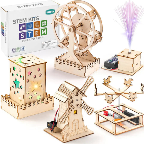 Five In One Wooden STEM Kits For Kids With Amusement Park Theme featuring Ferris Wheel, Merry Go Round, Mini Windmill, Fiber Optic Lamp, Star Nightlight
