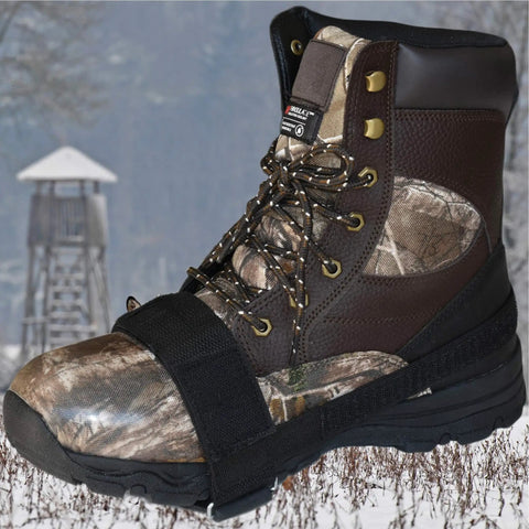 Hiking boot with Ice Claws Snow Traction Cleats 2 Pack Non Slip Grips For Ice And Snow Heavy Duty Rubber Treads With Steel Studs on snowy path