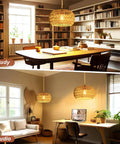 Two cozy spaces featuring Plug And Play Rattan Pendant Light With Authentic Boho Farmhouse Charm over a study and a studio.