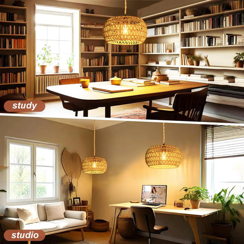 Two cozy spaces featuring Plug And Play Rattan Pendant Light With Authentic Boho Farmhouse Charm over a study and a studio.