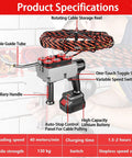 Product specifications of Pnpaea Cordless Electric Fish Tape Wire Feeder With Battery And Charger with cable guide tube and handle.