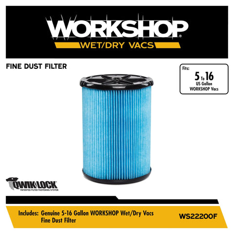 Pro Grade Fine Dust Wet Dry Vacuum Filter Replacement For 5 To 16 Gallon Shop Vacs With Qwik Lock Fastening shown in blue pleated design