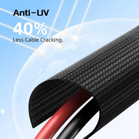Close-up of 10 AWG 30 Ft Solar Panel Extension Cable with flame-retardant protective sleeving showcasing anti-UV feature.