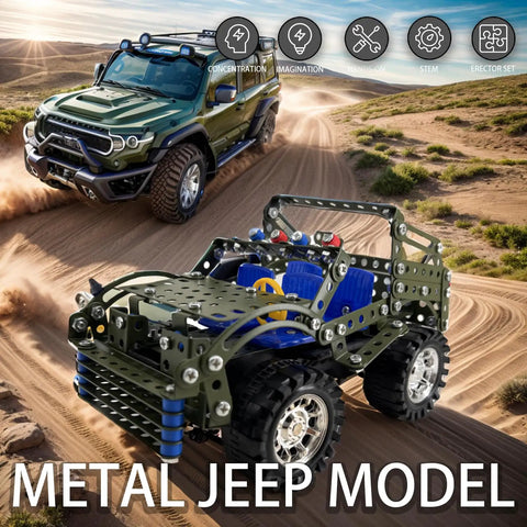 Hands On 283 Piece Metal Construction Kit For Builders Ages 8 To 12 With Erector Style Mechanics showcasing Jeep model in desert
